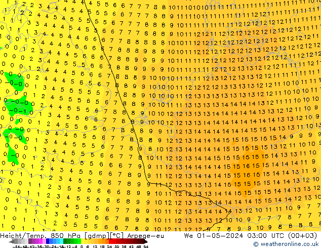 Geop./Temp. 850 hPa Arpege-eu mié 01.05.2024 03 UTC