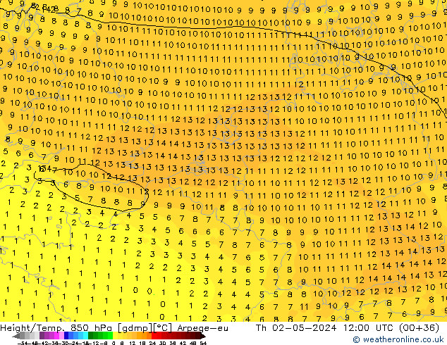 Geop./Temp. 850 hPa Arpege-eu jue 02.05.2024 12 UTC