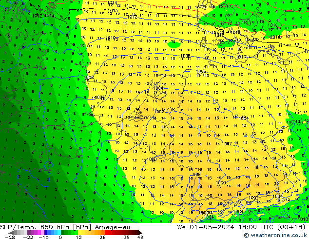 SLP/Temp. 850 hPa Arpege-eu mer 01.05.2024 18 UTC