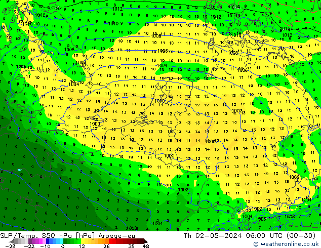 SLP/Temp. 850 hPa Arpege-eu Th 02.05.2024 06 UTC