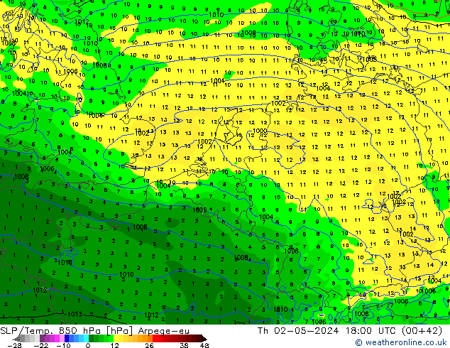 SLP/Temp. 850 hPa Arpege-eu Qui 02.05.2024 18 UTC