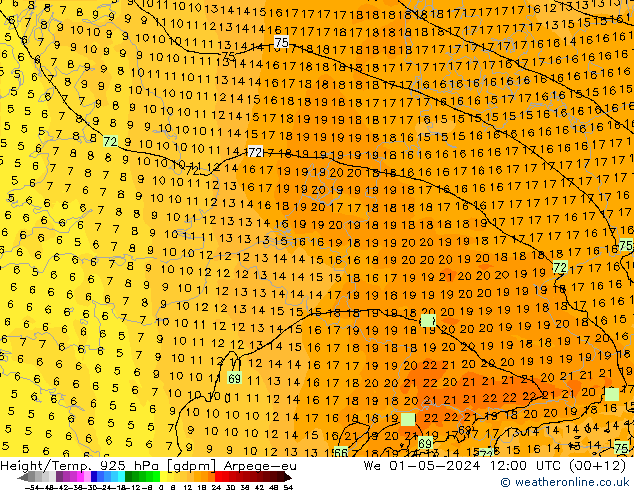 Height/Temp. 925 hPa Arpege-eu We 01.05.2024 12 UTC