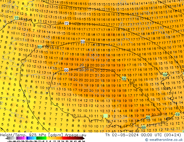 Géop./Temp. 925 hPa Arpege-eu jeu 02.05.2024 00 UTC