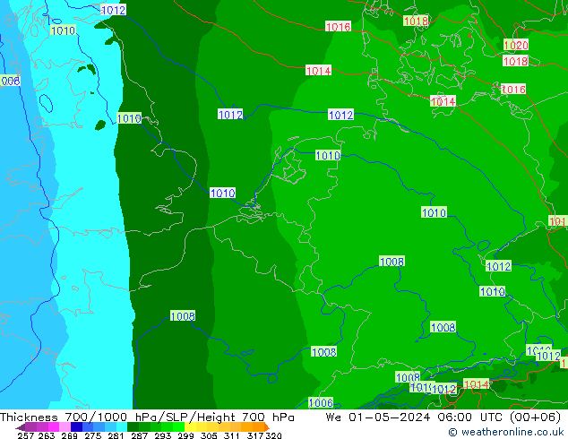 Thck 700-1000 hPa Arpege-eu śro. 01.05.2024 06 UTC