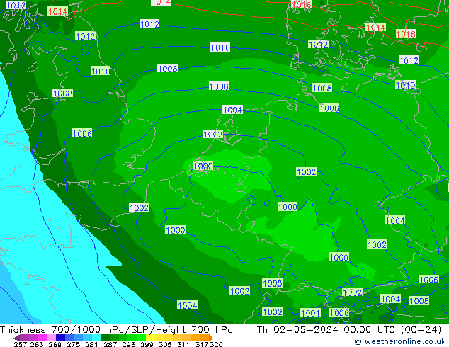 Espesor 700-1000 hPa Arpege-eu jue 02.05.2024 00 UTC