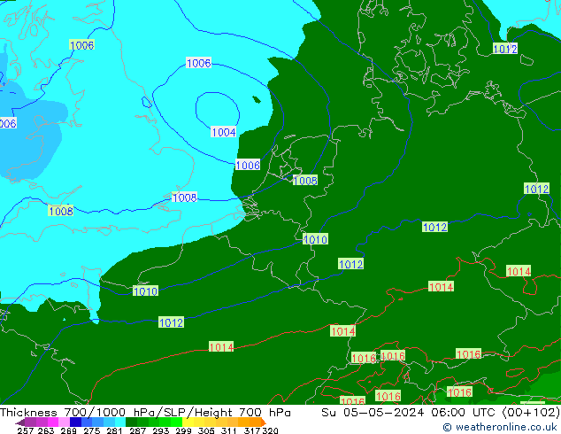 Thck 700-1000 hPa Arpege-eu Su 05.05.2024 06 UTC