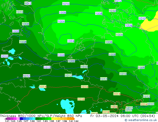 Thck 850-1000 гПа Arpege-eu пт 03.05.2024 06 UTC