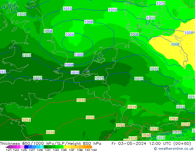 Dikte 850-1000 hPa Arpege-eu vr 03.05.2024 12 UTC