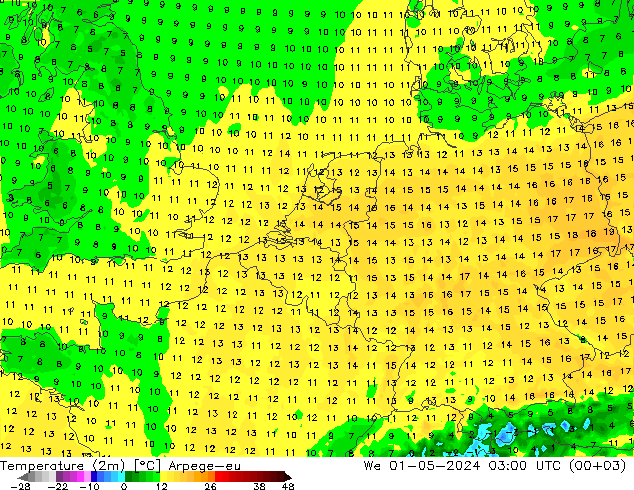 mapa temperatury (2m) Arpege-eu śro. 01.05.2024 03 UTC