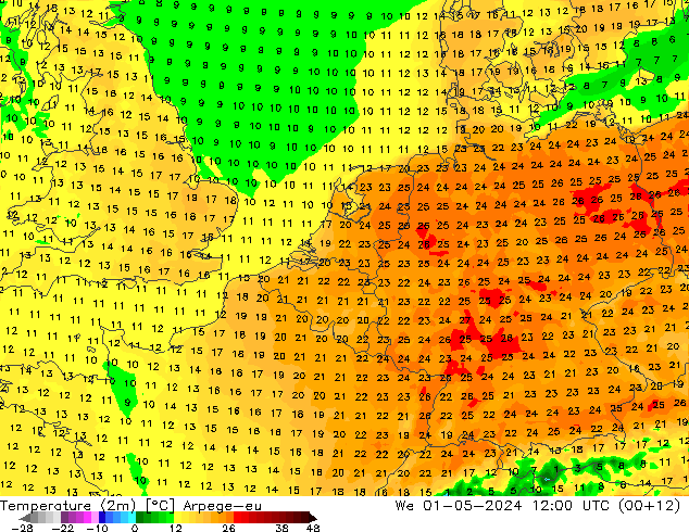 Temperaturkarte (2m) Arpege-eu Mi 01.05.2024 12 UTC