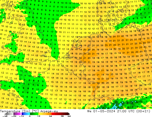 température (2m) Arpege-eu mer 01.05.2024 21 UTC