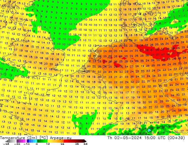 Temperatura (2m) Arpege-eu jue 02.05.2024 15 UTC