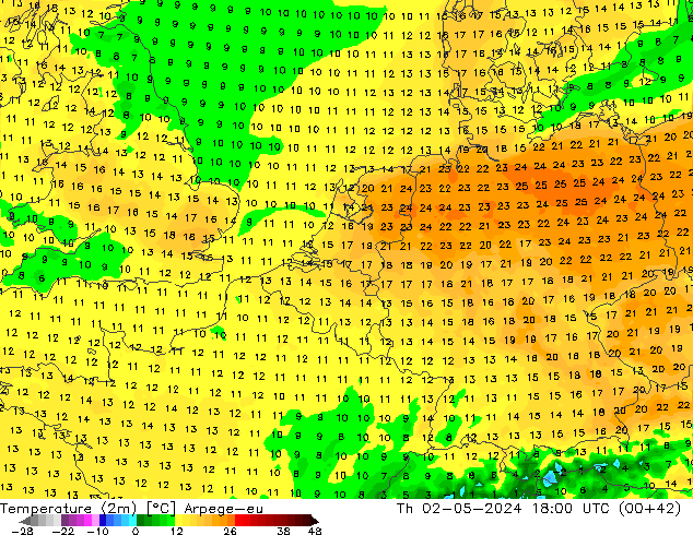 Temperatura (2m) Arpege-eu Qui 02.05.2024 18 UTC