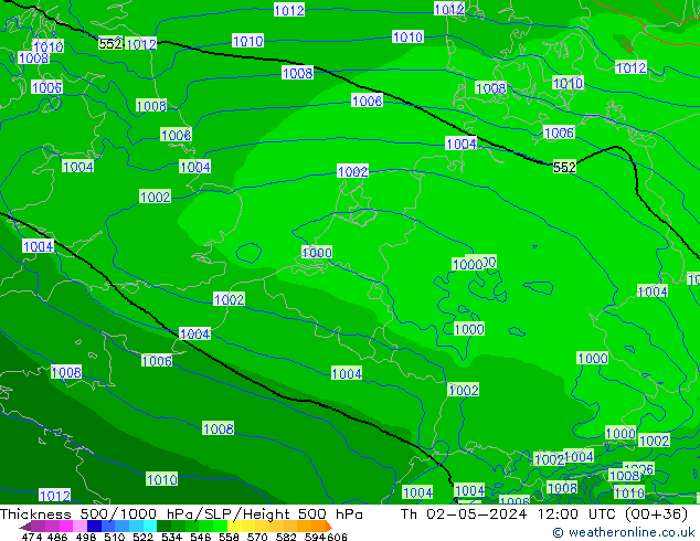 Espesor 500-1000 hPa Arpege-eu jue 02.05.2024 12 UTC