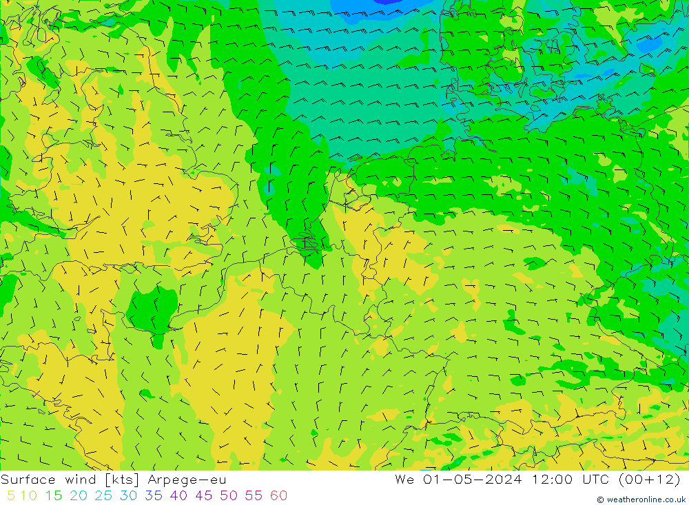 Vent 10 m Arpege-eu mer 01.05.2024 12 UTC