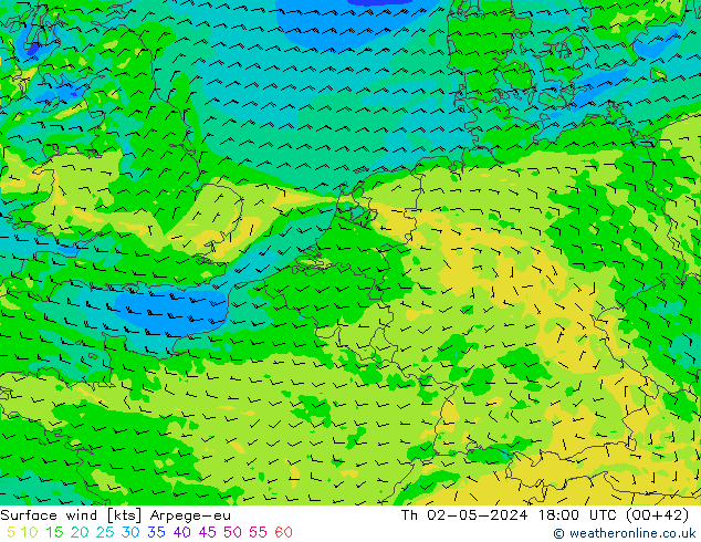 Vento 10 m Arpege-eu Qui 02.05.2024 18 UTC