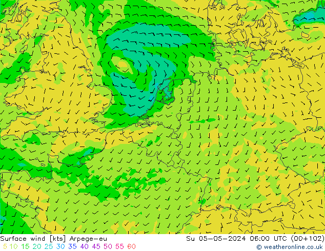 Surface wind Arpege-eu Su 05.05.2024 06 UTC