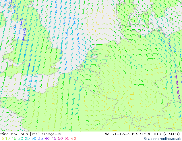 Wind 850 hPa Arpege-eu We 01.05.2024 03 UTC