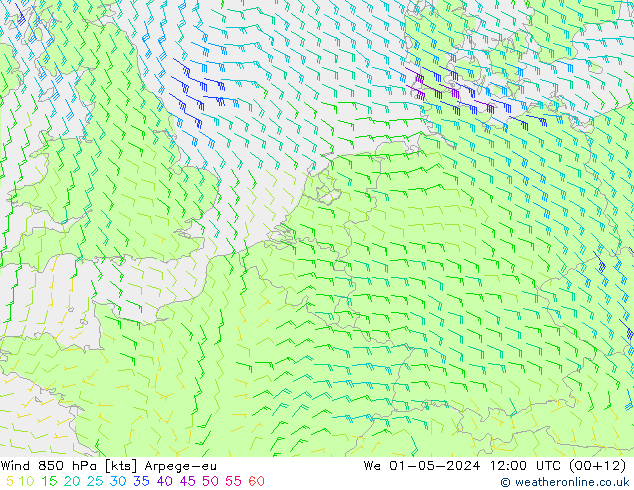 Vent 850 hPa Arpege-eu mer 01.05.2024 12 UTC