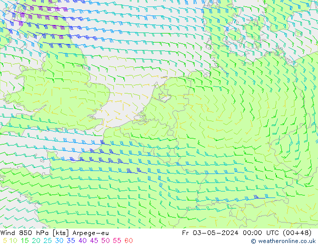 ветер 850 гПа Arpege-eu пт 03.05.2024 00 UTC