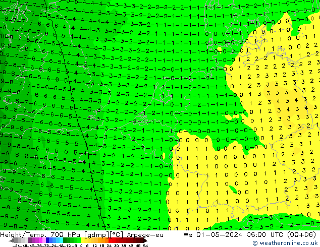 Height/Temp. 700 hPa Arpege-eu We 01.05.2024 06 UTC