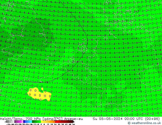 Height/Temp. 700 hPa Arpege-eu nie. 05.05.2024 00 UTC