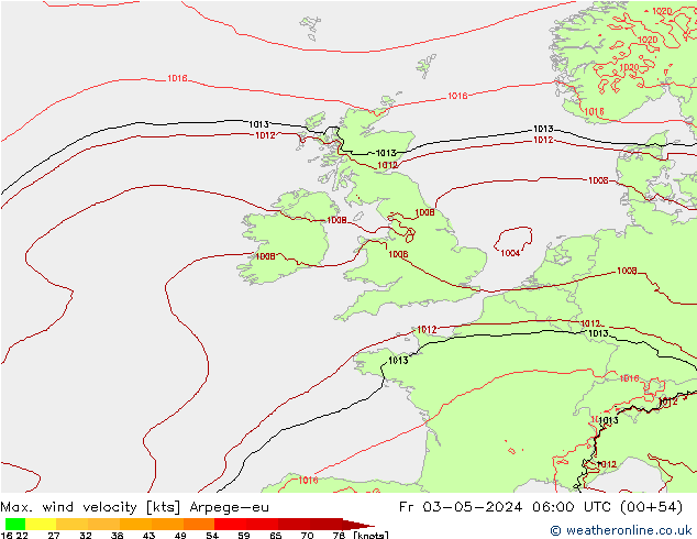 Max. wind velocity Arpege-eu Fr 03.05.2024 06 UTC