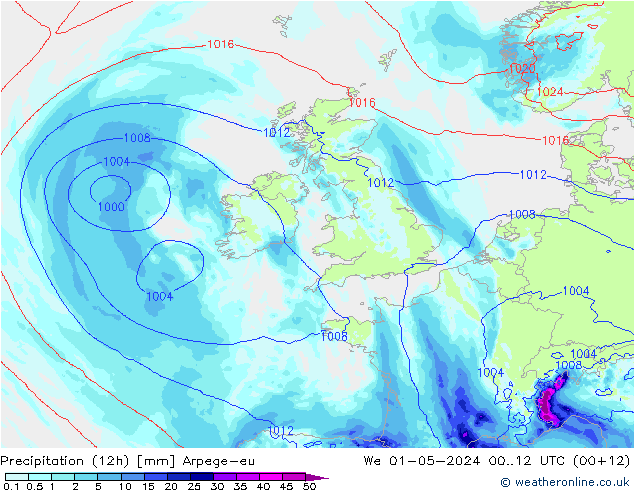 Précipitation (12h) Arpege-eu mer 01.05.2024 12 UTC