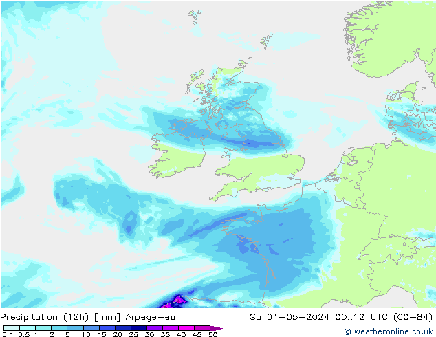 осадки (12h) Arpege-eu сб 04.05.2024 12 UTC