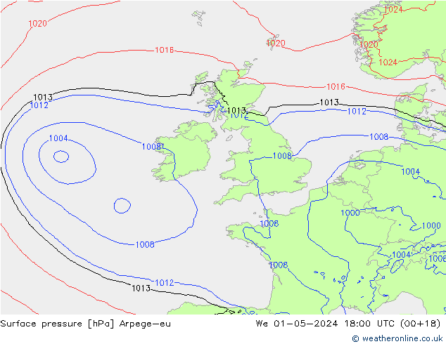 Surface pressure Arpege-eu We 01.05.2024 18 UTC