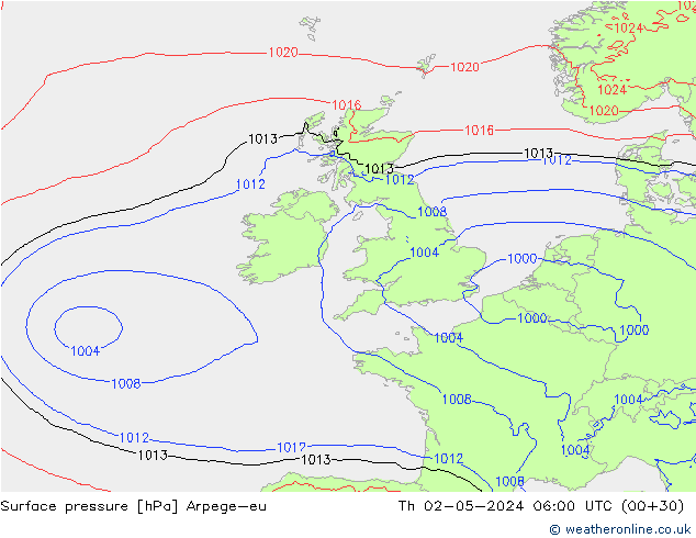 Pressione al suolo Arpege-eu gio 02.05.2024 06 UTC