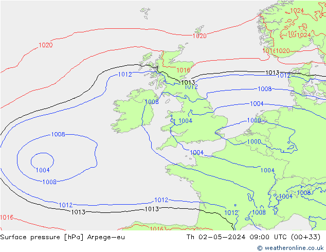 Bodendruck Arpege-eu Do 02.05.2024 09 UTC