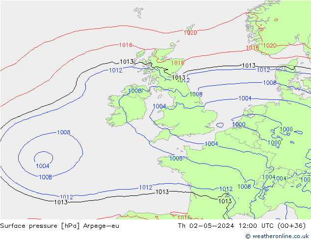 Pressione al suolo Arpege-eu gio 02.05.2024 12 UTC