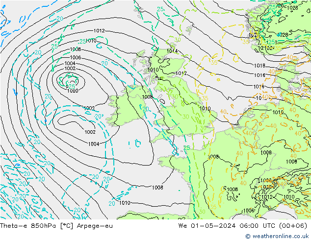 Theta-e 850hPa Arpege-eu wo 01.05.2024 06 UTC