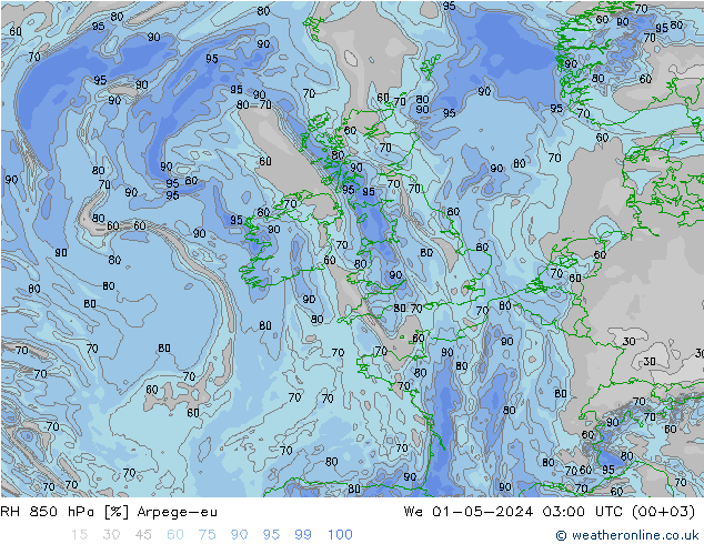 RH 850 hPa Arpege-eu St 01.05.2024 03 UTC