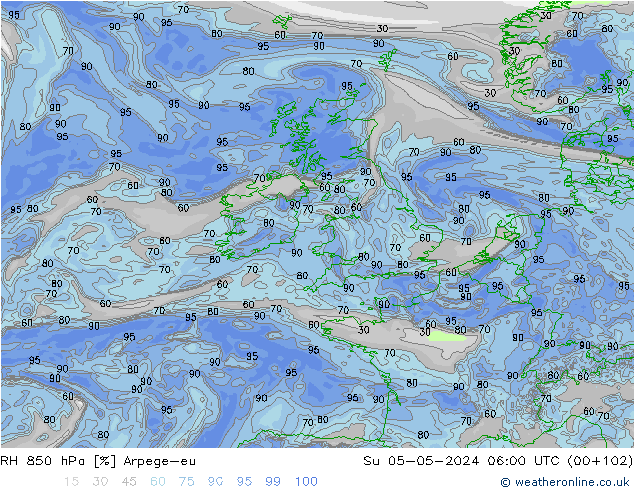 RH 850 hPa Arpege-eu Su 05.05.2024 06 UTC