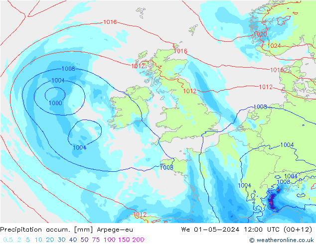 Totale neerslag Arpege-eu wo 01.05.2024 12 UTC