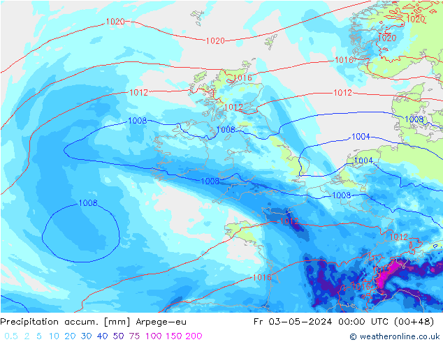 Totale neerslag Arpege-eu vr 03.05.2024 00 UTC