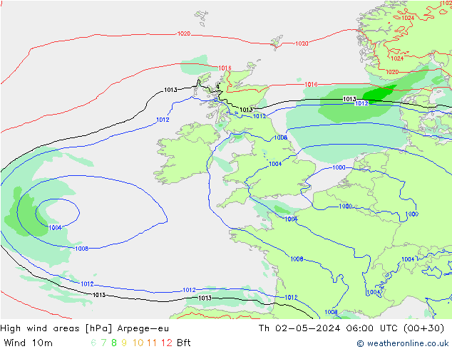 High wind areas Arpege-eu Qui 02.05.2024 06 UTC