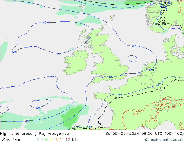 High wind areas Arpege-eu dim 05.05.2024 06 UTC
