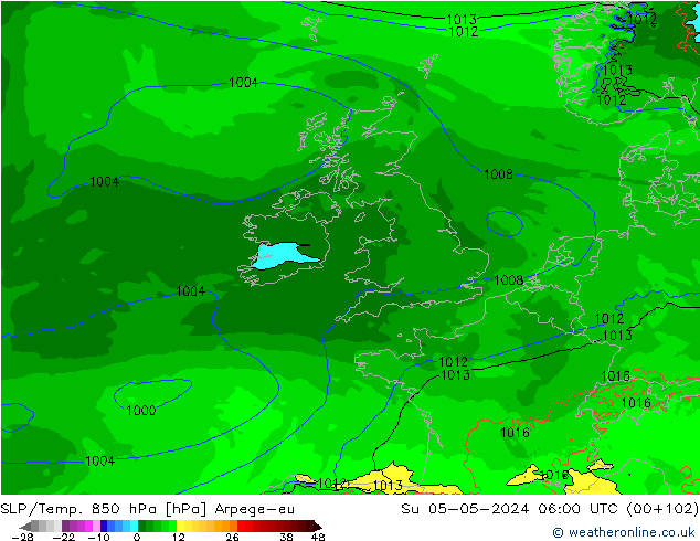 SLP/Temp. 850 hPa Arpege-eu Su 05.05.2024 06 UTC