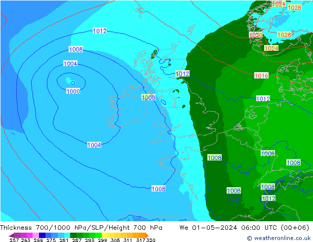 Thck 700-1000 hPa Arpege-eu We 01.05.2024 06 UTC