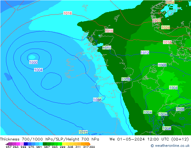 Thck 700-1000 hPa Arpege-eu We 01.05.2024 12 UTC