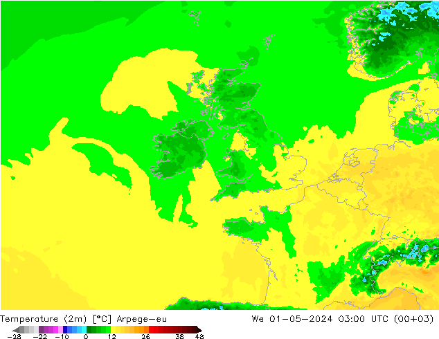 Sıcaklık Haritası (2m) Arpege-eu Çar 01.05.2024 03 UTC