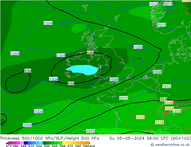 Espesor 500-1000 hPa Arpege-eu dom 05.05.2024 06 UTC