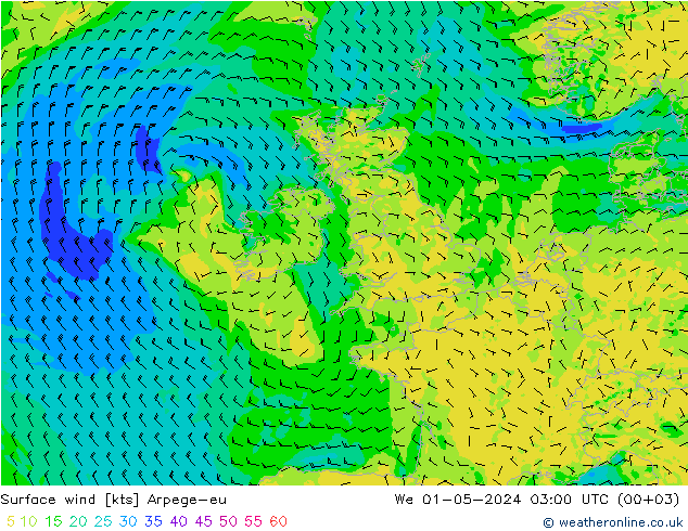 Vento 10 m Arpege-eu mer 01.05.2024 03 UTC