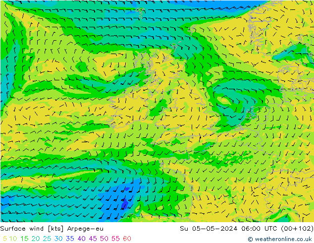 Vento 10 m Arpege-eu dom 05.05.2024 06 UTC