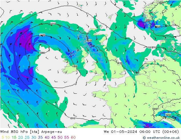 Wind 850 hPa Arpege-eu We 01.05.2024 06 UTC