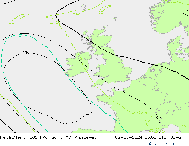 Height/Temp. 500 hPa Arpege-eu Th 02.05.2024 00 UTC