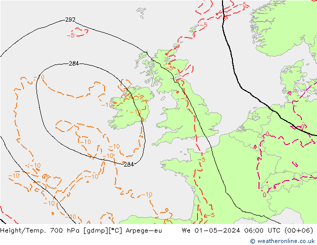 Height/Temp. 700 hPa Arpege-eu mer 01.05.2024 06 UTC